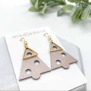 Modern Handmade Rose Gold Leather Christmas Tree Earrings with Gold Triangles